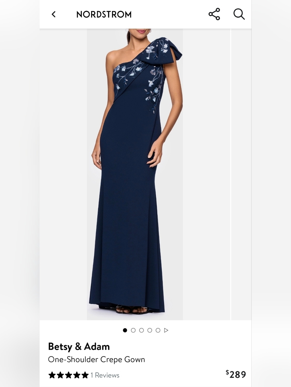 Betsy & Adam Navy One-Shoulder Gown with Embroidered Bow
